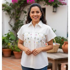 Landy Mexican Shirt Vintage Embroidered Floral Button Front Blouse 100% Cotton S